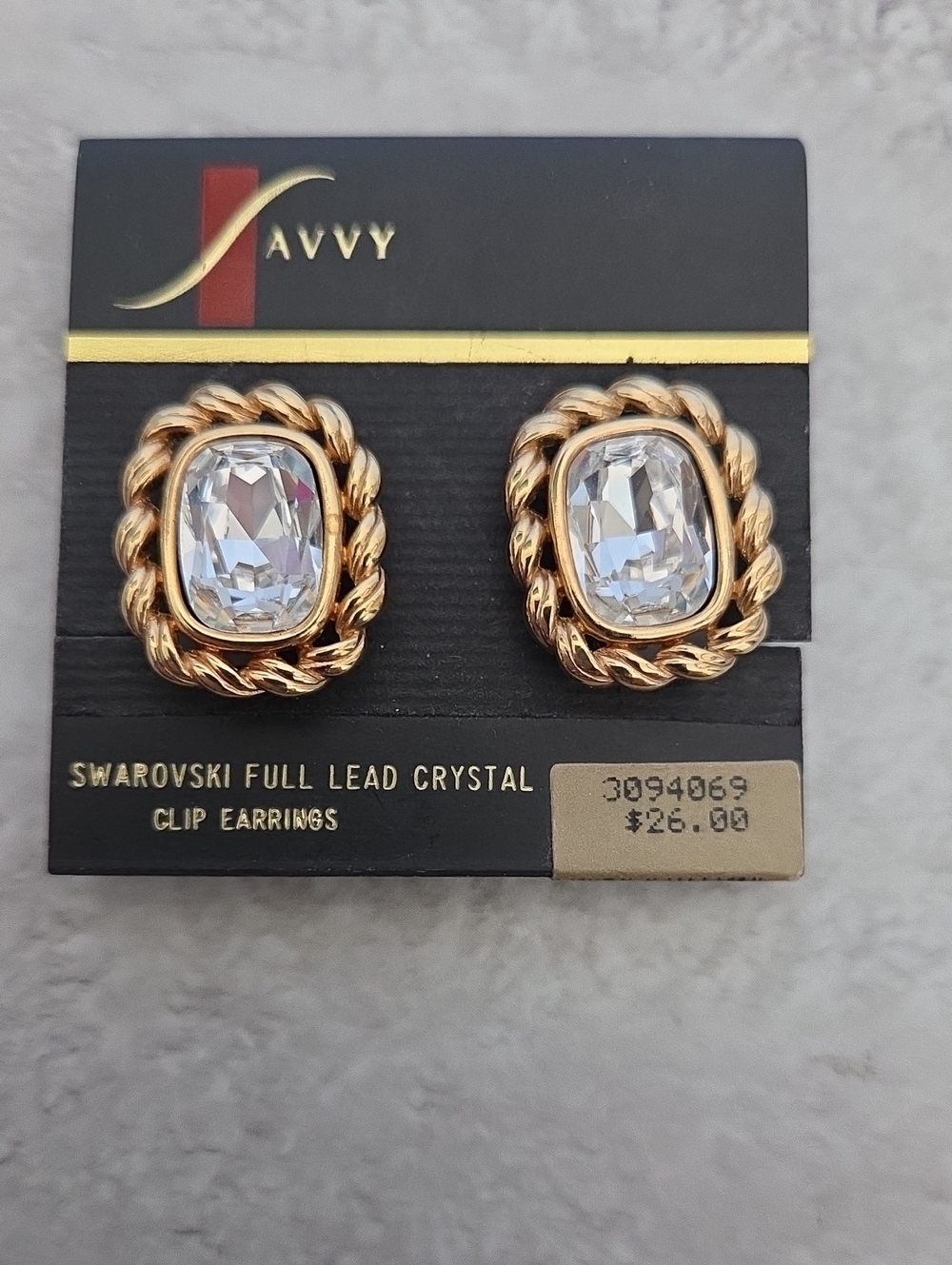 Savvy Gold-Tone Rope-Frame Clip Earrings Clear Swarovski Lead Crystal NOS
